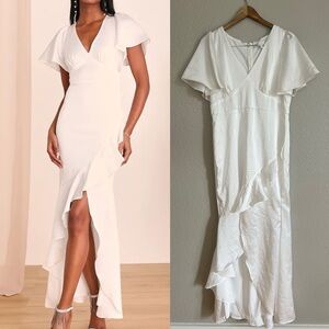 Eternal Bond White Satin Ruffled Flutter Sleeve Maxi Dress